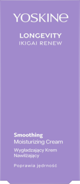 Fioletowe opakowanie kremu YOSKINE LONGEVITY IKIGAI RENEW, wygładzający, poprawiający jędrność, z przodu.
