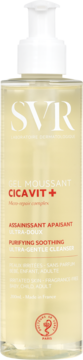 SVR Cicavit+ Purifying Soothing Ultra-Gentle Cleanser w przezroczystej butelce z białą pompką, widok z przodu.