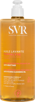 SVR Topialyse Huile Lavante, oczyszczający olejek do bardzo suchej skóry, w przezroczystej butelce z pompką, widok z przodu.