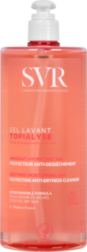SVR Topialyse Gel Lavant, brzoskwiniowy żel do skóry suchej, w przezroczystej butelce z pompką, widok z przodu.