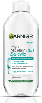 Garnier Płyn Micelarny Salicylic do cery tłustej, redukujący niedoskonałości, w przezroczystej butelce, widok z przodu.