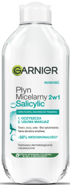 Garnier Płyn Micelarny 2w1 Salicylic, przezroczysta butelka z białą nakrętką, usuwa makijaż i redukuje niedoskonałości.