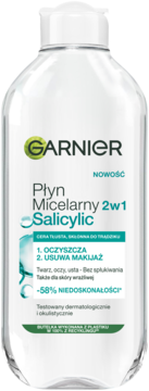 Garnier Płyn Micelarny 2w1 Salicylic dla cery tłustej, oczyszcza, usuwa makijaż. Biała butelka, widok z przodu.