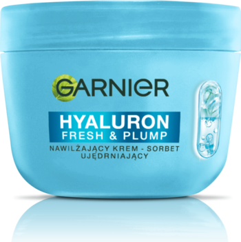 Garnier Hyaluron Fresh & Plump ujędrniający krem-sorbet w jasnoniebieskim słoiku z zielonym logo, widok z przodu.