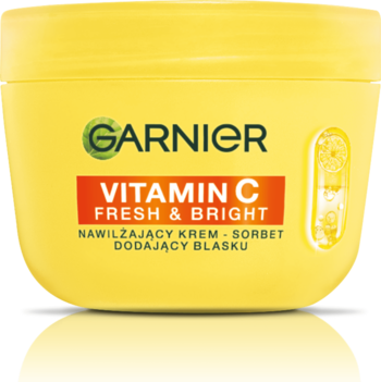 Żółty słoik Garnier Vitamin C Fresh & Bright krem nawilżający-sorbet, widok z przodu z logo i cytrusami.