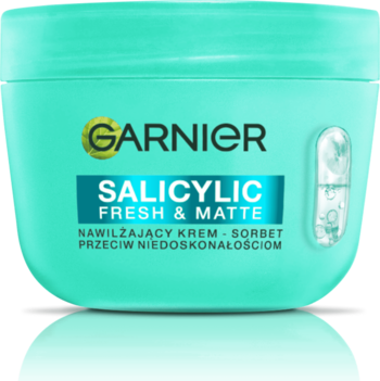 Garnier Salicylic Fresh & Matte, matujący krem-sorbet w turkusowym słoiczku, widok z przodu.