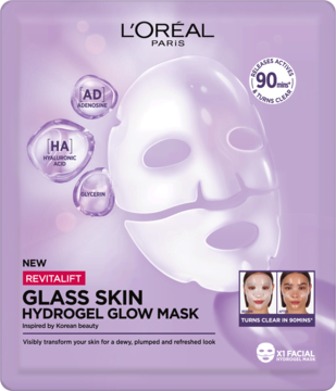 Fioletowa maska hydrożelowa L'Oréal Revitalift Glass Skin Glow w saszetce, z przezroczystą maską na froncie.