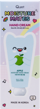 Quret Moisture Mates Apple Hand Cream in a pastel box with a light blue tube featuring a winking cartoon character.