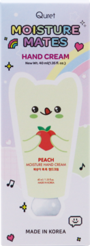 Quret Moisture Mates Peach krem do rąk, 40 ml, w pastelowym pudełku z uśmiechniętą tubką i brzoskwinią, przód.