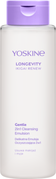YOSKINE Delikatna Emulsja Oczyszczająca 2w1, biała butelka z fioletową zakrętką, widok z przodu.