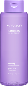 Fioletowa butelka toniku YOSKINE LONGEVITY IKIGAI RENEW Soothing Prebiotic Toner, widok z przodu.