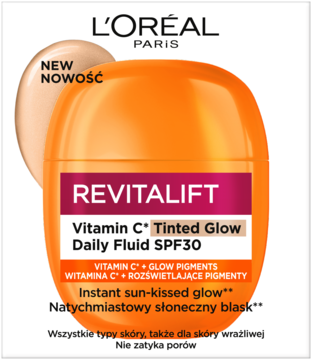 L'Oréal Revitalift Vitamin C Tinted Glow Daily Fluid SPF30 w pomarańczowym słoiczku z próbką beżowego tintu.
