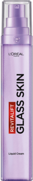 L'Oréal Revitalift Glass Skin Liquid Cream, lawendowa butelka z pompką, widok z przodu, z czerwonym napisem Revitalift.