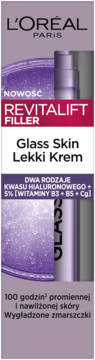 Fioletowe opakowanie L'Oréal Revitalift Glass Skin Lekki Krem z pompką, z kwasem hialuronowym i witaminami.