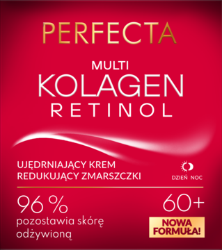 Perfecta Multi Kolagen Retinol 60+, ujędrniający krem redukujący zmarszczki, z czerwonym tłem reklamy.