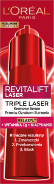 L'Oréal Revitalift Triple Laser serum z Melasylem. Czerwone opakowanie z pompką, redukuje zmarszczki, przebarwienia, blask.