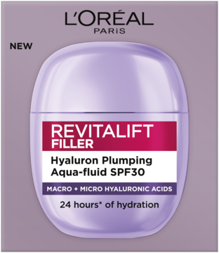 L'Oréal Revitalift Filler Hyaluron Plumping Aqua-fluid SPF30, fioletowe, zaokrąglone opakowanie, widok z przodu.