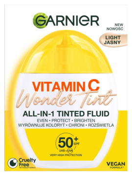 Garnier Vitamin C Wonder Tint fluid SPF 50+ w żółto-białej butelce, widok z przodu, napis Light.