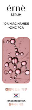 Érnè Serum z 10% Niacinamide + Zinc PCA na skórę z niedoskonałościami. Widoczne molekuły w różowym płynie. Wyprodukowano w Korei.