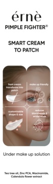 Érnè Pimple Fighter Smart Cream to Patch; na twarzy kobiety, grafiki prezentują krem zmieniający się w plaster, idealny pod makijaż.