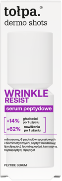 Białe opakowanie Tołpa Dermo Shots Wrinkle Resist serum peptydowe z fioletowymi napisami, widok z przodu.