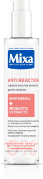 Mixa Anti Reaction łagodna emulsja do mycia, biała butelka z pompką, widok z przodu. Panthenol + Probiotic Extracts.