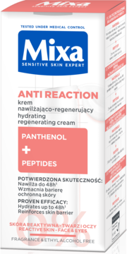 Mixa Anti-Reaction krem nawilżający z pantenolem i peptydami, białe opakowanie, widok z przodu.