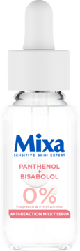 Mleczne serum Mixa Anti-Reaction z pantenolem, bisabololem, butelka z pipetą, widok z przodu, bez zapachu i alkoholu.