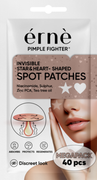 Biała saszetka érnè Pimple Fighter z 40 niewidocznymi plastrami w kształcie gwiazdek i serc, z Niacinamidem, widok z przodu.