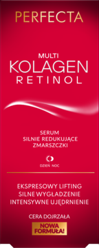 Czerwone serum Perfecta Multi Kolagen Retinol na zmarszczki, do cery dojrzałej, widok z przodu opakowania.