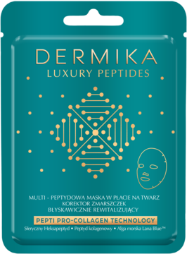 Dermika Luxury Peptides maska w płacie z Pepti Pro-Collagen Technology, turkusowe opakowanie, złoty wzór.