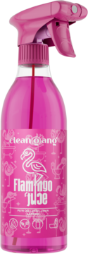 Różowy płyn Clean O'ano Flamingo Juice do czyszczenia łazienki w butelce spray z flamingami, widok z przodu.