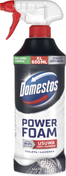 Domestos Power Foam Zero Kamienia 650ml, czarno-biały spray do łazienek, widok z przodu, usuwa kamień.