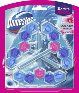 Domestos Blue Water Magnolia, kostka WC w zawieszce, niebiesko-różowy, trójkątny blok, opakowanie.