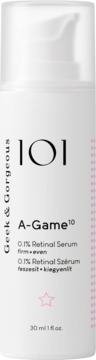 Białe serum Geek & Gorgeous 101 A-Game 10 0.1% Retinal z pompką, z różowym logo gwiazdy, widok z przodu.