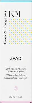 Opakowanie serum Geek & Gorgeous 101 aPAD, białe z kolorowymi kropkami, opis '20% Azeclair Serum'.
