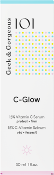 Opakowanie serum Geek & Gorgeous C-Glow 15% Vitamin C, białe pudełko z kolorowymi kropkami, widok z przodu.