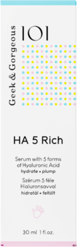 Geek & Gorgeous HA 5 Rich serum, biała butelka z kolorowymi kropkami, 30ml, widok z przodu.
