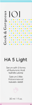 Geek & Gorgeous 101 HA 5 Light serum z 5 formami kwasu hialuronowego, białe opakowanie z kolorowymi kropkami, widok z przodu.