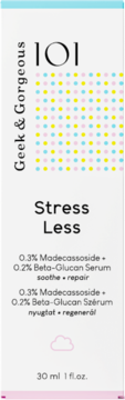 Serum Geek & Gorgeous 101 Stress Less z madekasozydem i beta-glukanem, białe opakowanie z kolorowymi kropkami, przód, 30 ml.