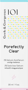 Białe opakowanie serum Geek & Gorgeous Porefectly Clear 2% Salicylic Acid, widok z przodu z kolorowymi kropkami.