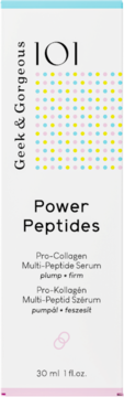 Białe serum peptydowe Geek & Gorgeous Power Peptides 30ml, butelka z kropkami, widok z przodu.