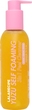 Lalarecipe Yuzu Self Foaming 3in1 Peel Cleanser z AHA BHA PHA, pomarańczowa butelka z różową pompką, widok z przodu.