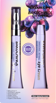 LALARECIPE Bakuchinol Eye Cream: two purple tubes, one with metal roller, gold text, slow-aging, with grapes.