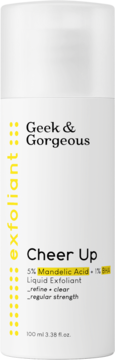 Frontowe ujęcie białej butelki Geek & Gorgeous Cheer Up Exfoliant z 5% Mandelic Acid + 1% BHA.