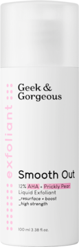 Biały Geek & Gorgeous Smooth Out 12% AHA + Prickly Pear, płyn złuszczający 100 ml, front butelki z różowym napisem.