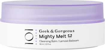 Geek & Gorgeous Mighty Melt Cleansing Balm w białym słoiku z fioletową pokrywką, widok z przodu.
