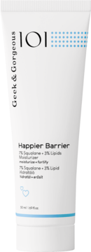 Biała tubka kremu Geek & Gorgeous 101 Happier Barrier (7% skwalanu, 3% lipidów), widok z przodu.