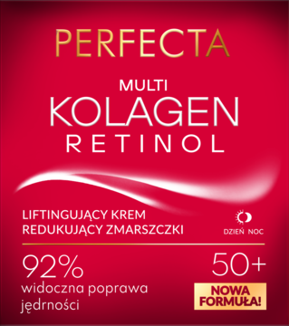 Czerwone opakowanie kremu Perfecta Multi Kolagen Retinol 50+, liftingujący, dzień/noc, widok z przodu.