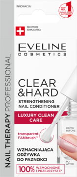 Białe opakowanie Eveline Clear & Hard wzmacniającej odżywki do paznokci. Widoczny pędzelek i transparentny efekt na płytce.